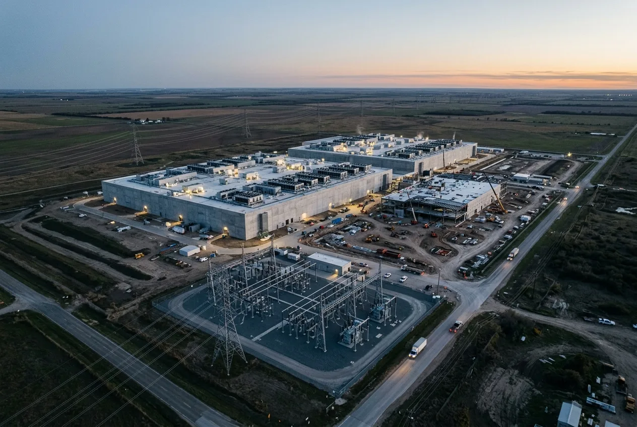 Aerial photograph at dusk of an AI data-centre campus with its electrical substation, on open land