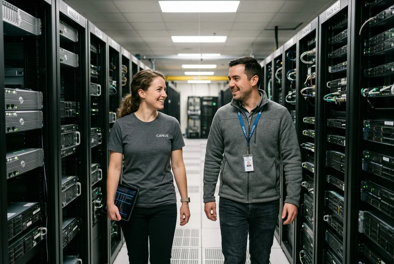 Two people walk and talk in a data hall aisle between server racks, one in a CANUS t-shirt holding a tablet