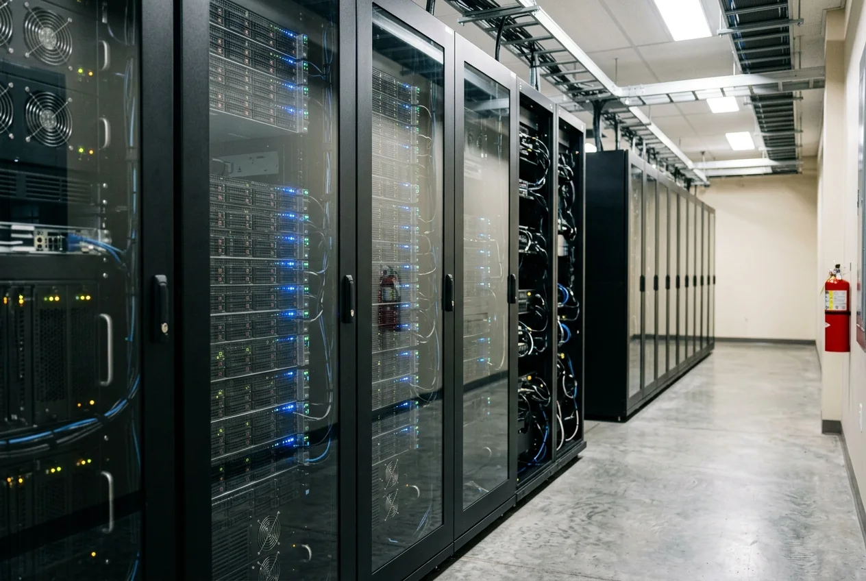 A row of black GPU server racks in a working data hall